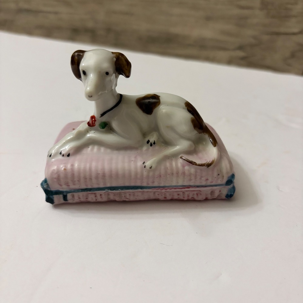 Vintage Japan Porcelain Dog Figurine on Pink Pillow Spotted Greyhound Whippet